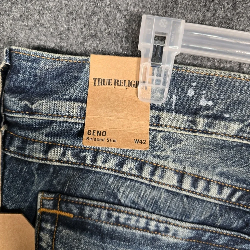 True Religion Jeans Mens 42 Geno Flaps Blue Distressed Relaxed Slim Concrete NEW